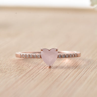 6x6mm Heart Rose Quartz Ring with Cubic Zirconia Accents Ring 925 Sterling Silver