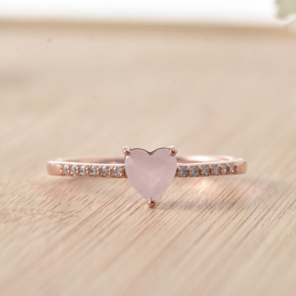 6x6mm Heart Rose Quartz Ring with Cubic Zirconia Accents Ring 925 Sterling Silver