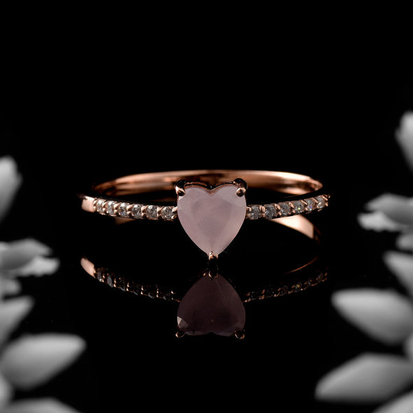 6x6mm Heart Rose Quartz Ring with Cubic Zirconia Accents Ring 925 Sterling Silver