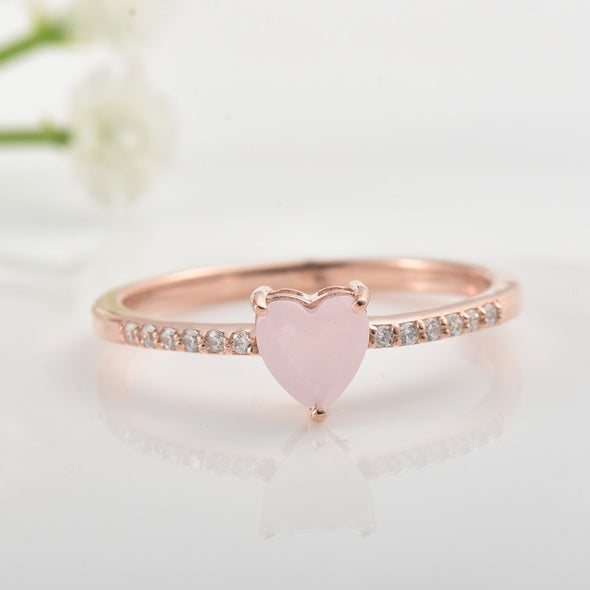 6x6mm Heart Rose Quartz Ring with Cubic Zirconia Accents Ring 925 Sterling Silver