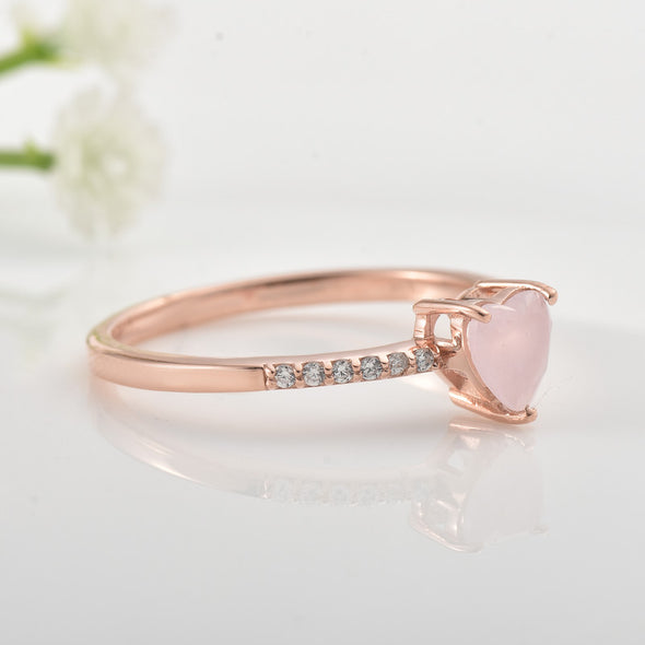 6x6mm Heart Rose Quartz Ring with Cubic Zirconia Accents Ring 925 Sterling Silver