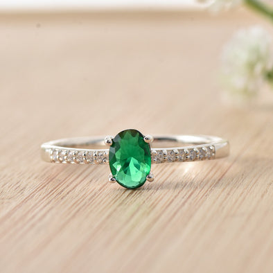 5x3mm Oval Emerald Ring with Cubic Zirconia Accents 925 Sterling Silver