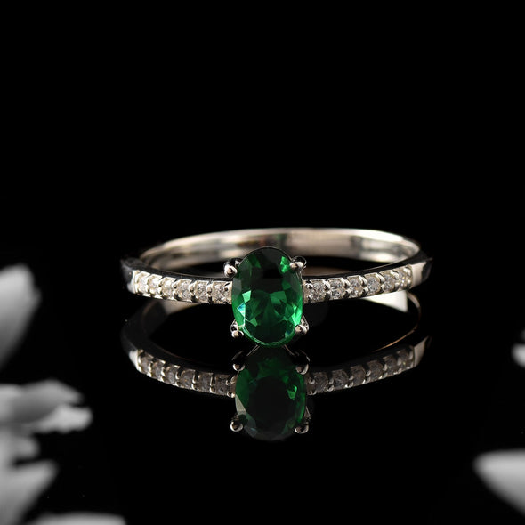 5x3mm Oval Emerald Ring with Cubic Zirconia Accents 925 Sterling Silver