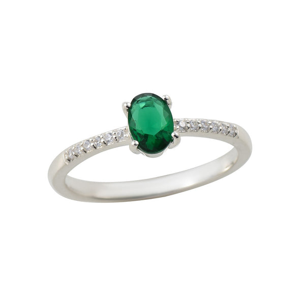 5x3mm Oval Emerald Ring with Cubic Zirconia Accents 925 Sterling Silver