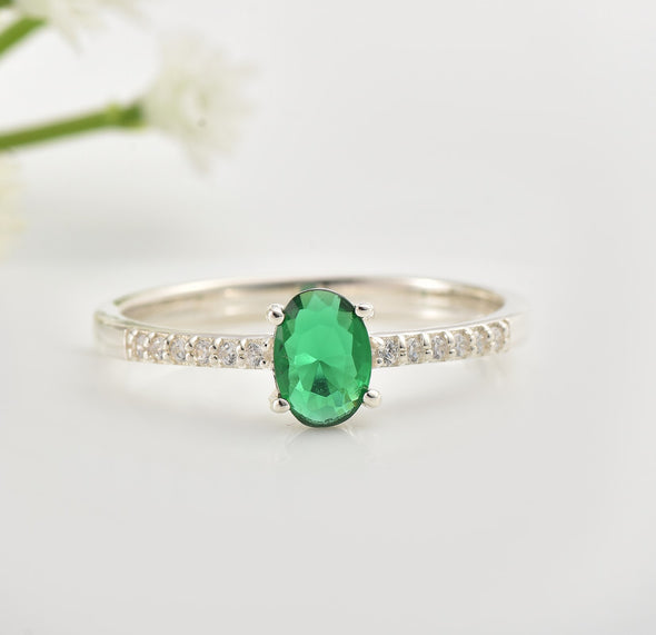 5x3mm Oval Emerald Ring with Cubic Zirconia Accents 925 Sterling Silver
