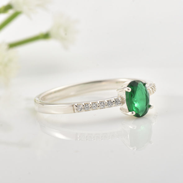 5x3mm Oval Emerald Ring with Cubic Zirconia Accents 925 Sterling Silver
