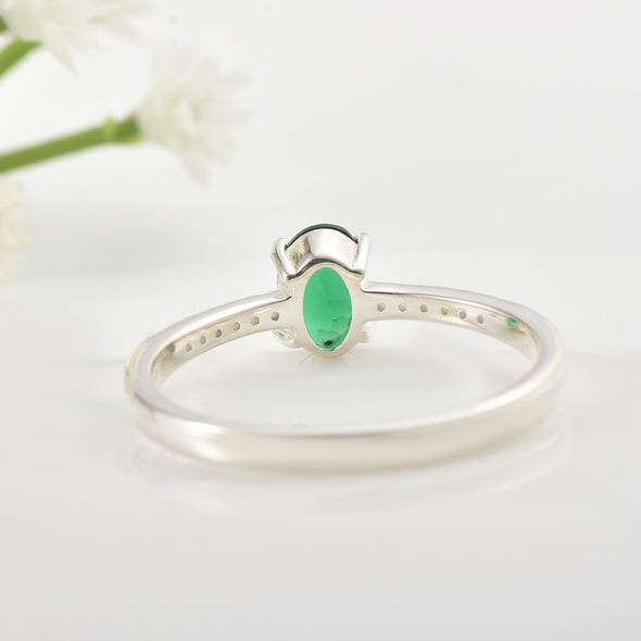 5x3mm Oval Emerald Ring with Cubic Zirconia Accents 925 Sterling Silver