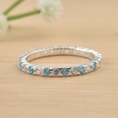 2x2mm Round Aquamarine & White CZ Eternity Band 925 Sterling Silver Ring