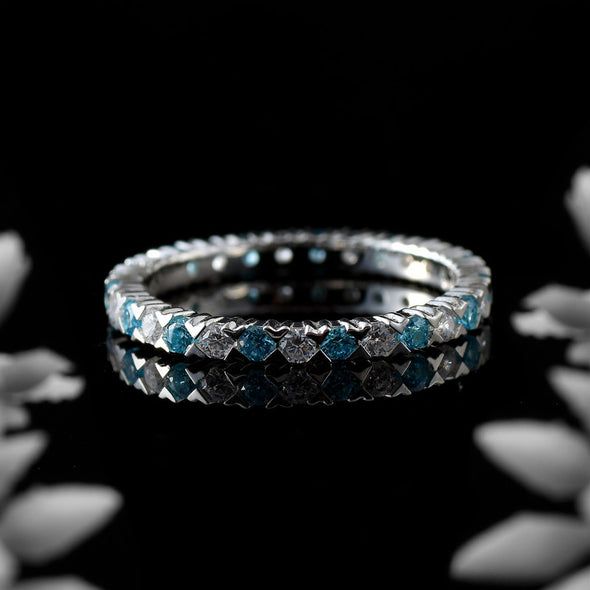 2x2mm Round Aquamarine & White CZ Eternity Band 925 Sterling Silver Ring