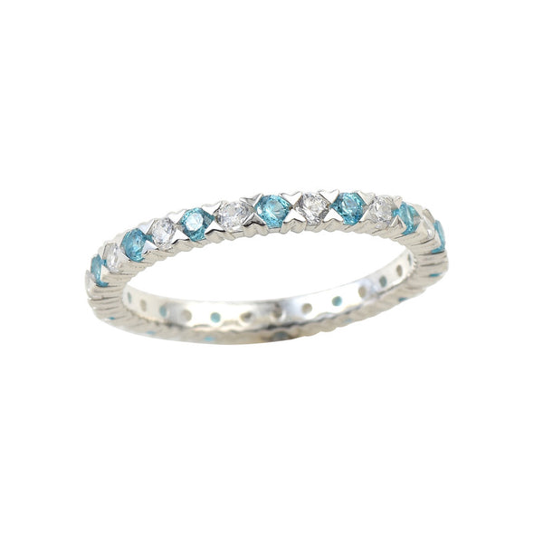 2x2mm Round Aquamarine & White CZ Eternity Band 925 Sterling Silver Ring