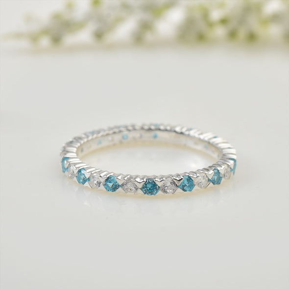 2x2mm Round Aquamarine & White CZ Eternity Band 925 Sterling Silver Ring