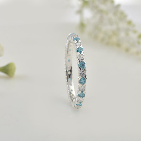 2x2mm Round Aquamarine & White CZ Eternity Band 925 Sterling Silver Ring