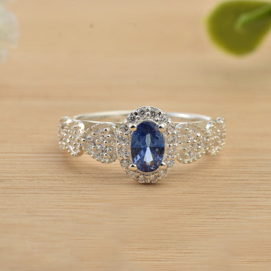 6x4mm Oval Tanzanite Halo Ring with CZ Accents 925 Sterling Silver Ring