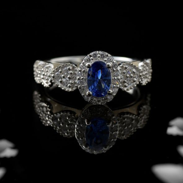 6x4mm Oval Tanzanite Halo Ring with CZ Accents 925 Sterling Silver Ring