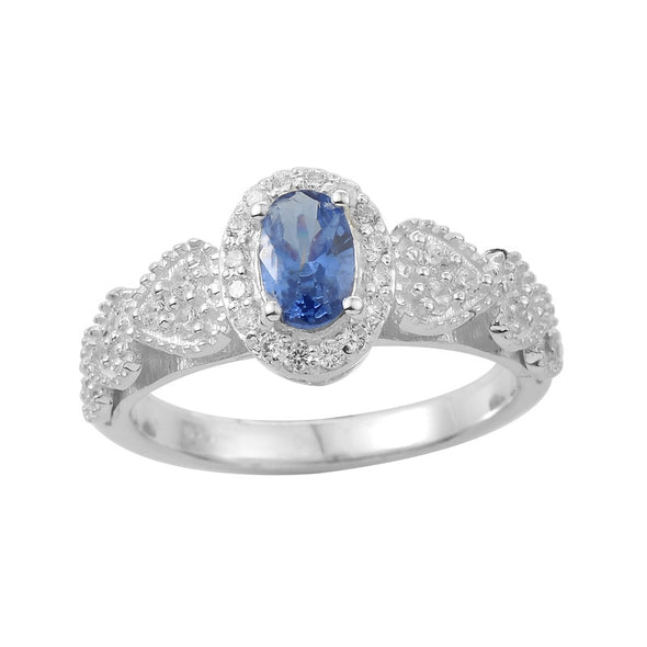6x4mm Oval Tanzanite Halo Ring with CZ Accents 925 Sterling Silver Ring