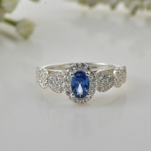 6x4mm Oval Tanzanite Halo Ring with CZ Accents 925 Sterling Silver Ring