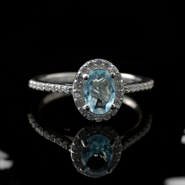 7x5mm Oval Aquamarine Halo Ring with CZ Accents 925 Sterling Silver