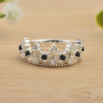 925 Sterling Silver Crown Ring with 2x2mm Round Black Spinel & CZ Accents