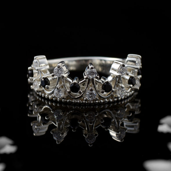 925 Sterling Silver Crown Ring with 2x2mm Round Black Spinel & CZ Accents