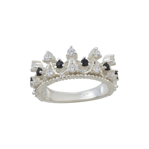 925 Sterling Silver Crown Ring with 2x2mm Round Black Spinel & CZ Accents