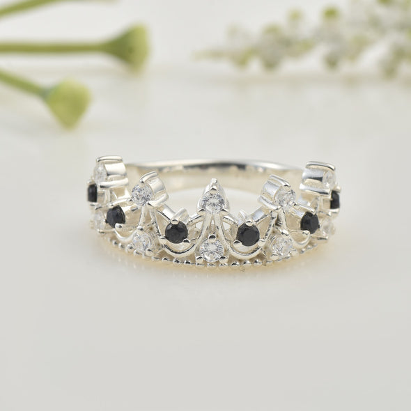 925 Sterling Silver Crown Ring with 2x2mm Round Black Spinel & CZ Accents