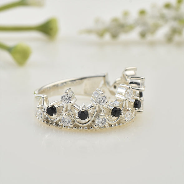 925 Sterling Silver Crown Ring with 2x2mm Round Black Spinel & CZ Accents