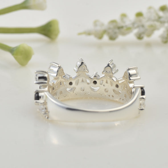 925 Sterling Silver Crown Ring with 2x2mm Round Black Spinel & CZ Accents