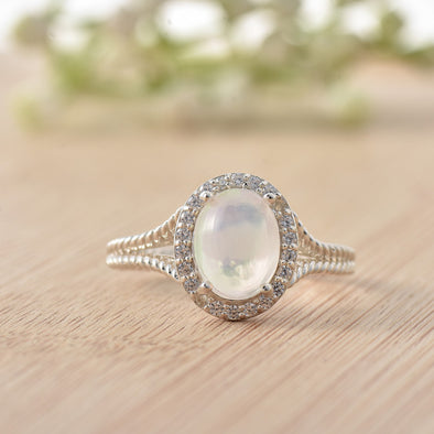 925 Sterling Silver 9x7mm Oval Moonstone Halo Ring