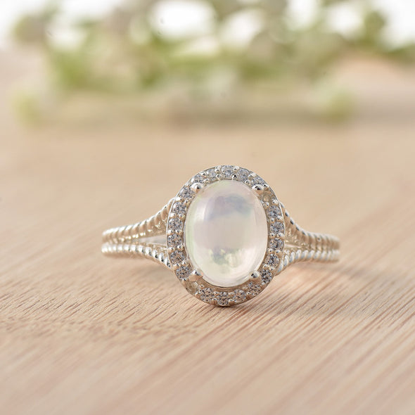 925 Sterling Silver 9x7mm Oval Moonstone Halo Ring
