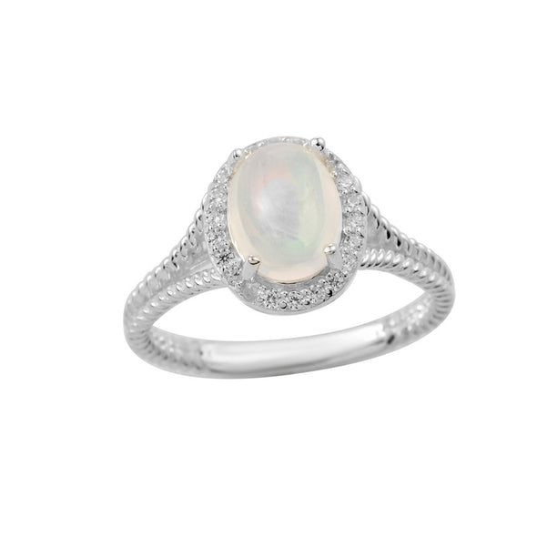 925 Sterling Silver 9x7mm Oval Moonstone Halo Ring