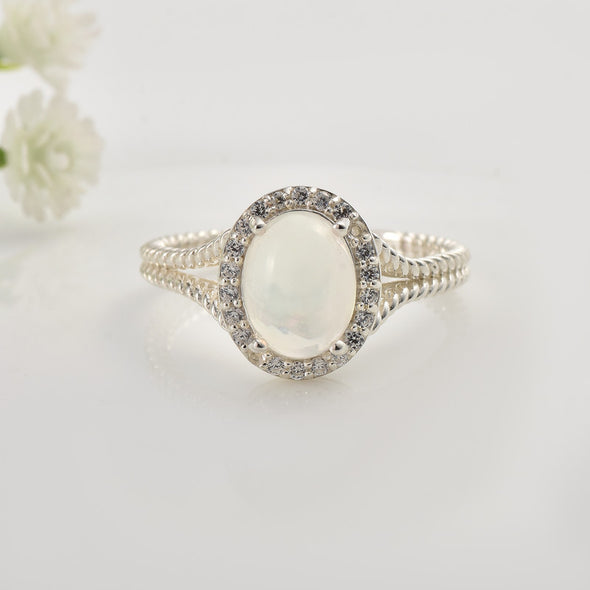 925 Sterling Silver 9x7mm Oval Moonstone Halo Ring