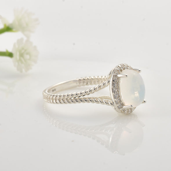 925 Sterling Silver 9x7mm Oval Moonstone Halo Ring
