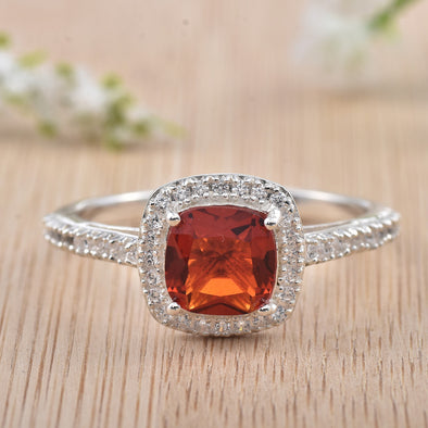 925 Sterling Silver 8x8mm Cushion Garnet Halo Ring