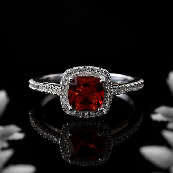 925 Sterling Silver 8x8mm Cushion Garnet Halo Ring