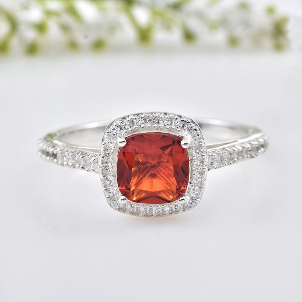 925 Sterling Silver 8x8mm Cushion Garnet Halo Ring