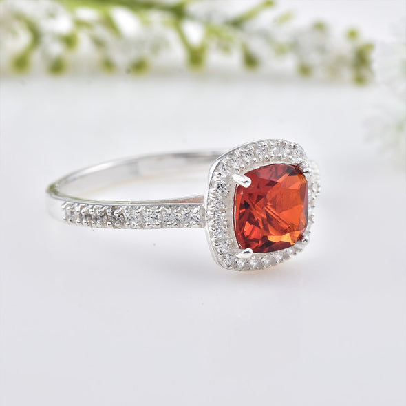 925 Sterling Silver 8x8mm Cushion Garnet Halo Ring
