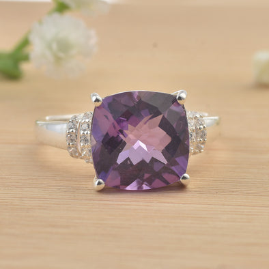 925 Sterling Silver 12x12mm Cushion Amethyst with CZ Accents Ring