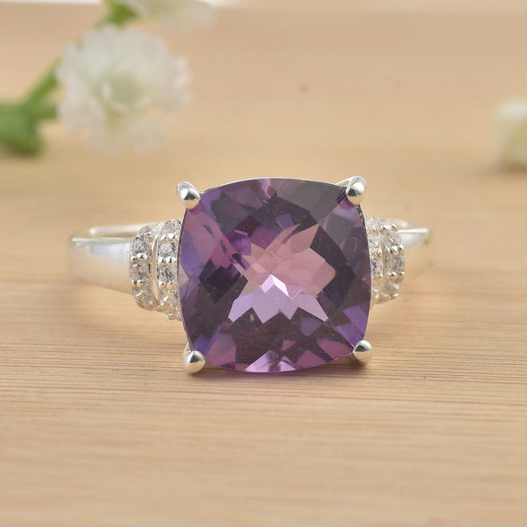 925 Sterling Silver 12x12mm Cushion Amethyst with CZ Accents Ring