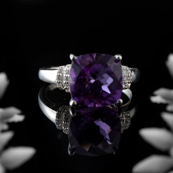 925 Sterling Silver 12x12mm Cushion Amethyst with CZ Accents Ring