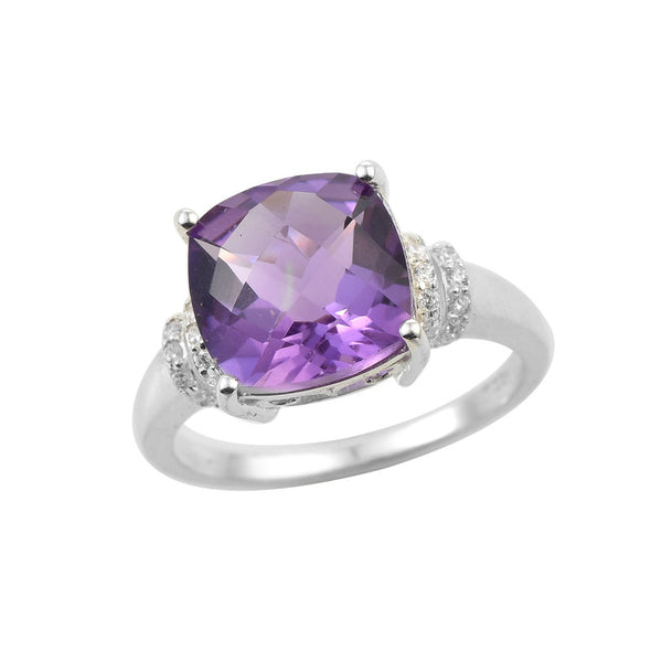 925 Sterling Silver 12x12mm Cushion Amethyst with CZ Accents Ring