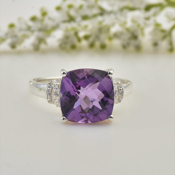 925 Sterling Silver 12x12mm Cushion Amethyst with CZ Accents Ring