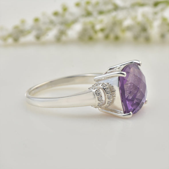 925 Sterling Silver 12x12mm Cushion Amethyst with CZ Accents Ring