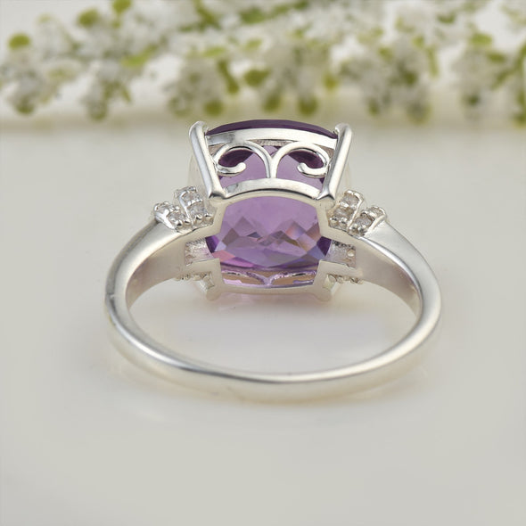 925 Sterling Silver 12x12mm Cushion Amethyst with CZ Accents Ring