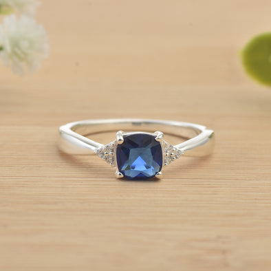 6x6mm Cushion Blue Sapphire Ring 925 Sterling Silver