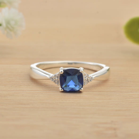 6x6mm Cushion Blue Sapphire Ring 925 Sterling Silver