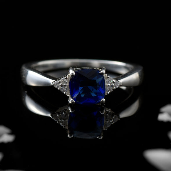 6x6mm Cushion Blue Sapphire Ring 925 Sterling Silver