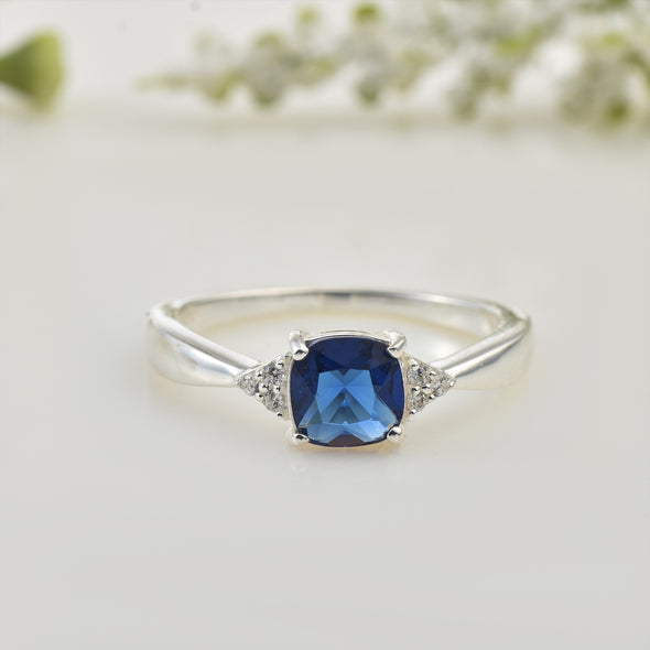 6x6mm Cushion Blue Sapphire Ring 925 Sterling Silver