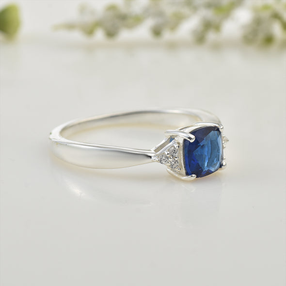 6x6mm Cushion Blue Sapphire Ring 925 Sterling Silver