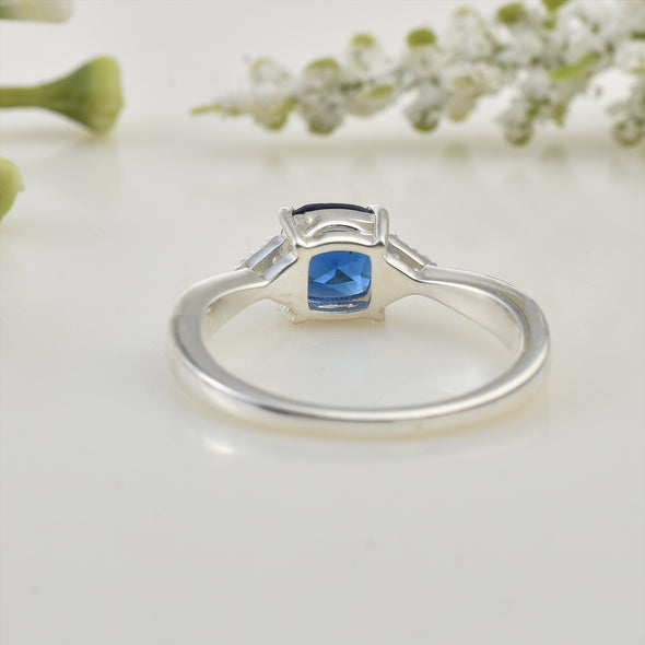 6x6mm Cushion Blue Sapphire Ring 925 Sterling Silver