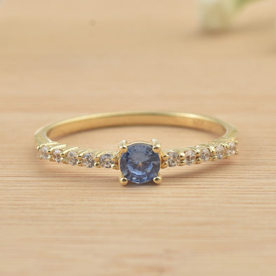 925 Sterling Silver Yellow Plated 4x4mm Round Tanzanite with CZ Accents Ring
